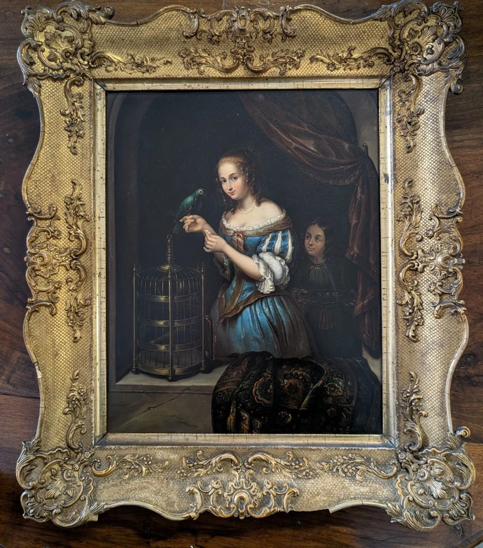 Dipinto olio su metallo con scena di giovane donna e pappagallo, metà XIX secolo