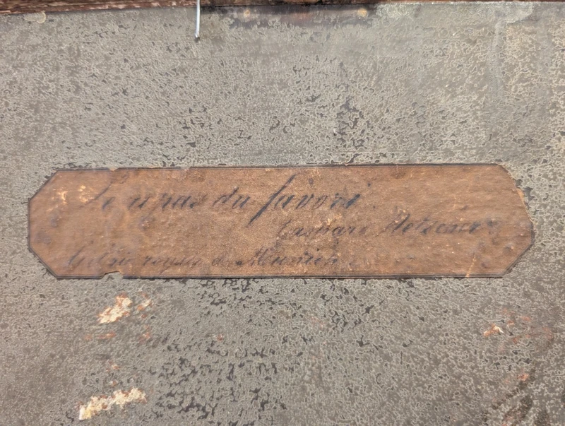 Dipinto olio su metallo con scena di giovane donna e pappagallo, metà XIX secolo