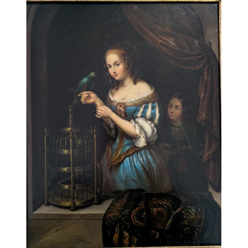 Dipinto olio su metallo con scena di giovane donna e pappagallo, metà XIX secolo