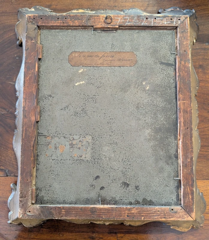 Dipinto olio su metallo con scena di giovane donna e pappagallo, metà XIX secolo