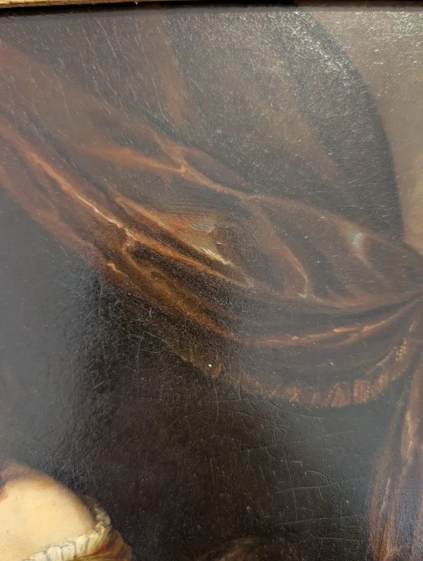 Dipinto olio su metallo con scena di giovane donna e pappagallo, metà XIX secolo