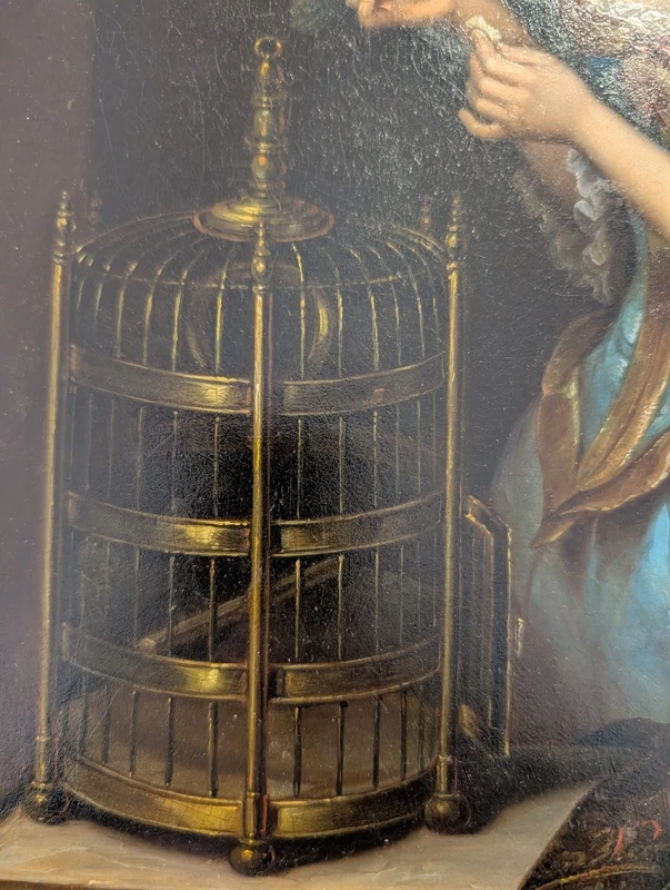 Dipinto olio su metallo con scena di giovane donna e pappagallo, metà XIX secolo