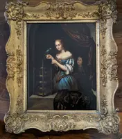 Dipinto olio su metallo con scena di giovane donna e pappagallo, metà XIX secolo