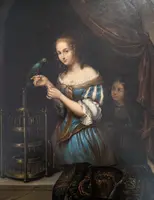 Dipinto olio su metallo con scena di giovane donna e pappagallo, metà XIX secolo