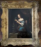 Dipinto olio su metallo con scena di giovane donna e pappagallo, metà XIX secolo