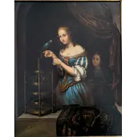 Dipinto olio su metallo con scena di giovane donna e pappagallo, metà XIX secolo