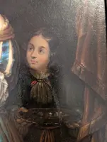 Dipinto olio su metallo con scena di giovane donna e pappagallo, metà XIX secolo