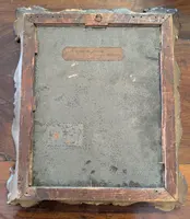 Dipinto olio su metallo con scena di giovane donna e pappagallo, metà XIX secolo