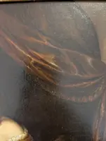 Dipinto olio su metallo con scena di giovane donna e pappagallo, metà XIX secolo