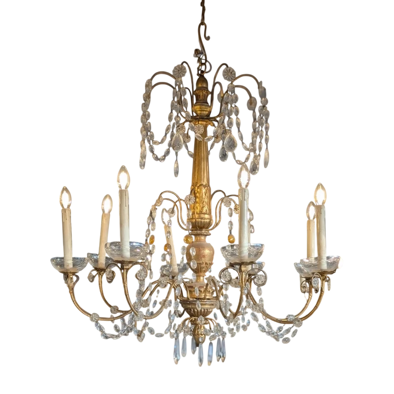 Lustre génois à 8 lumières en bois doré et cristal, fin du 19e siècle