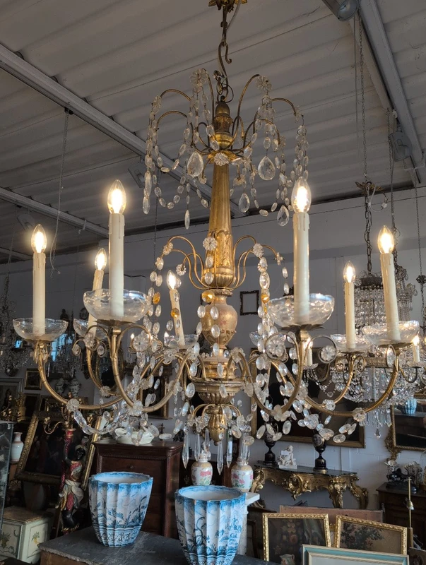 Lustre génois à 8 lumières en bois doré et cristal, fin du 19e siècle