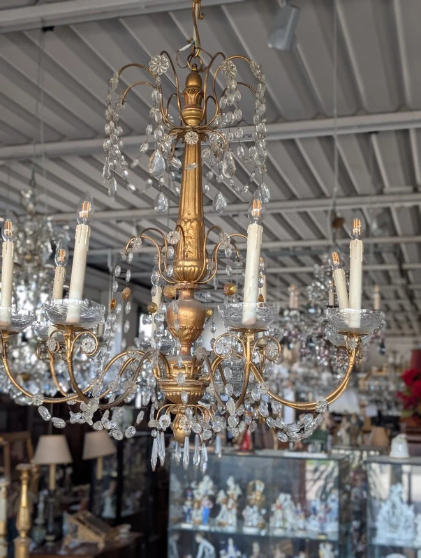 Lustre génois à 8 lumières en bois doré et cristal, fin du 19e siècle