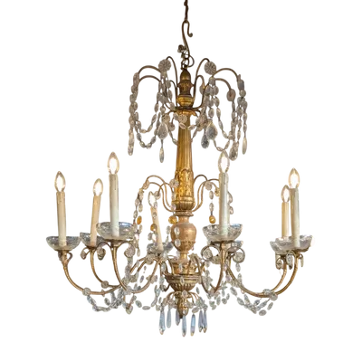 Lampadario genovese a 8 luci in legno dorato e cristalli, fine XIX secolo