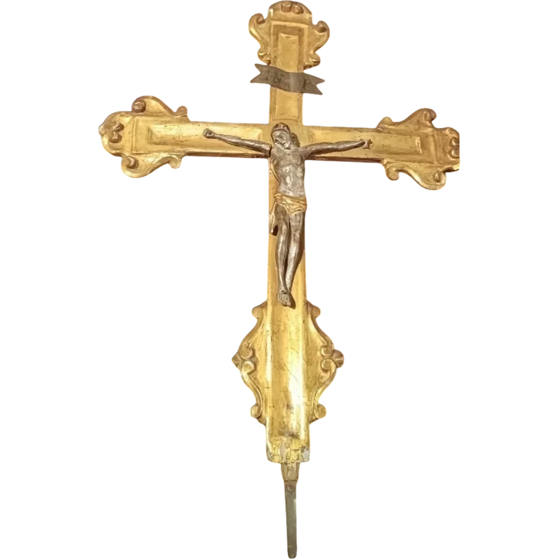 Antique large gilded wooden crucifix with christ 18th century italy