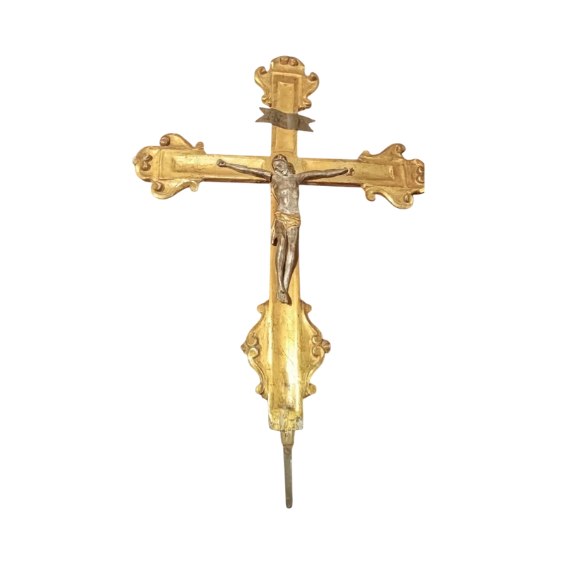 Antique large gilded wooden crucifix with christ 18th century italy