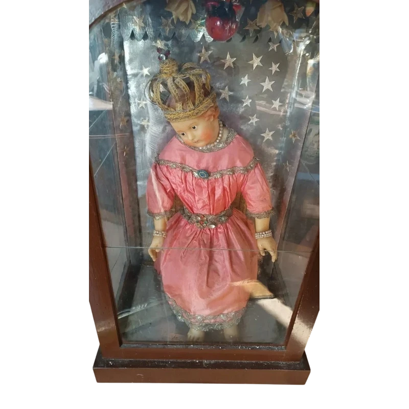 Grand enfant de cire antique avec sa châsse d'origine h.110 cm