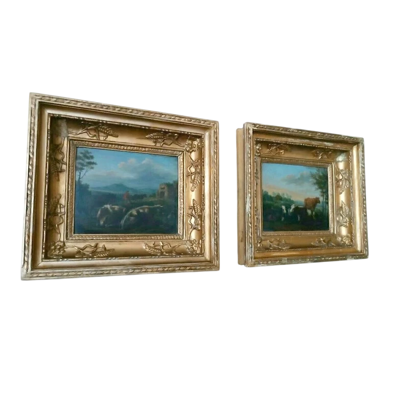 Paire de peintures anciennes sur bois, paysage bucolique