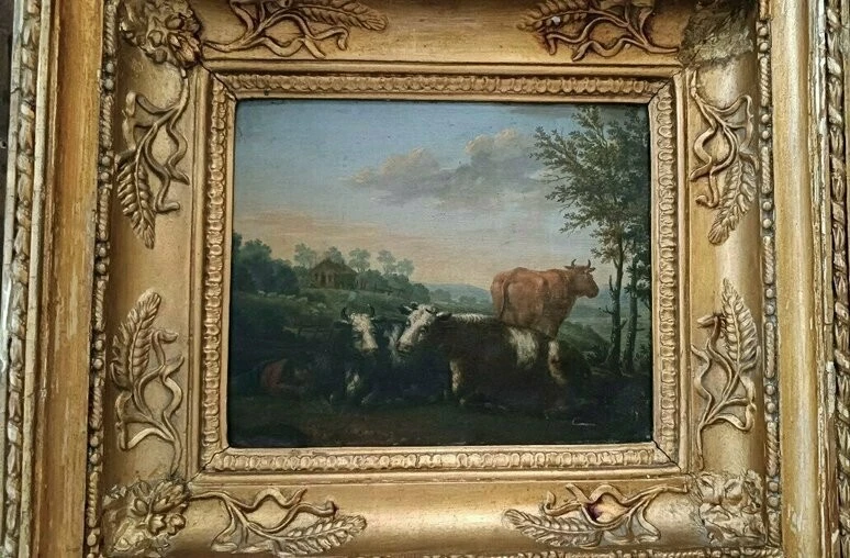 Paire de peintures anciennes sur bois, paysage bucolique