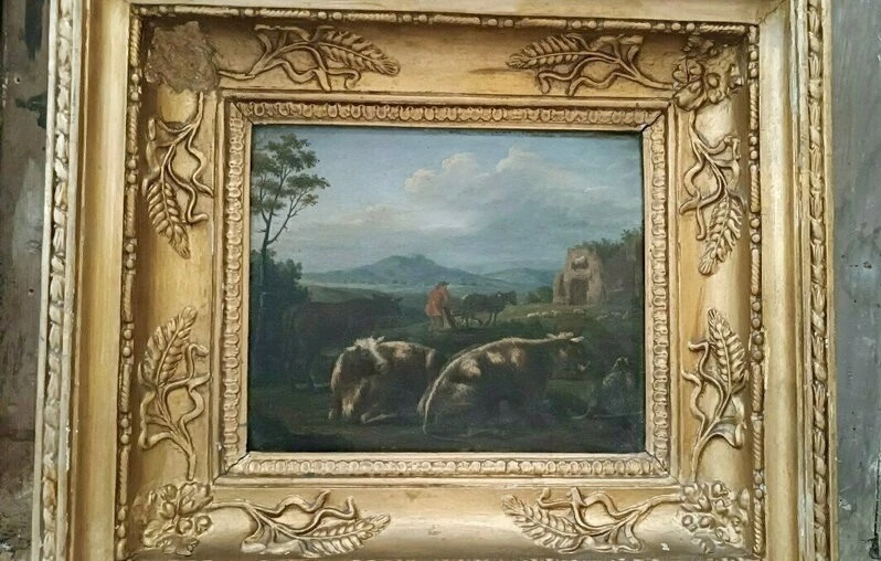 Paire de peintures anciennes sur bois, paysage bucolique