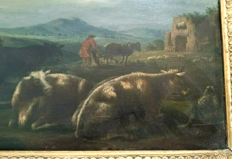 Paire de peintures anciennes sur bois, paysage bucolique