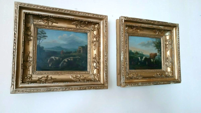 Paire de peintures anciennes sur bois, paysage bucolique