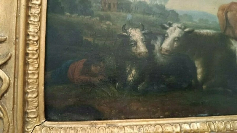 Paire de peintures anciennes sur bois, paysage bucolique