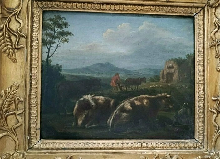 Paire de peintures anciennes sur bois, paysage bucolique