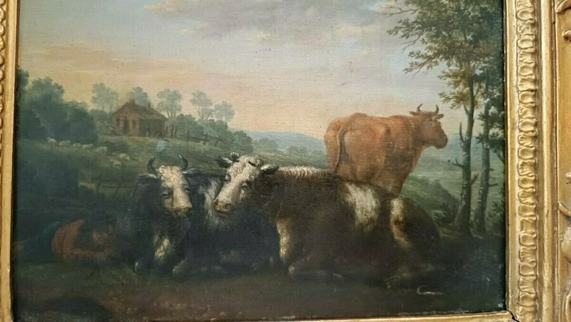 Paire de peintures anciennes sur bois, paysage bucolique