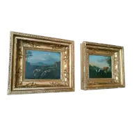 Paire de peintures anciennes sur bois, paysage bucolique