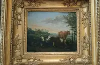 Paire de peintures anciennes sur bois, paysage bucolique