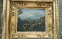Paire de peintures anciennes sur bois, paysage bucolique