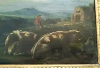 Paire de peintures anciennes sur bois, paysage bucolique