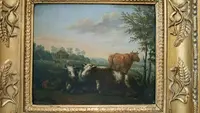 Paire de peintures anciennes sur bois, paysage bucolique