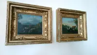 Paire de peintures anciennes sur bois, paysage bucolique