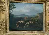 Paire de peintures anciennes sur bois, paysage bucolique