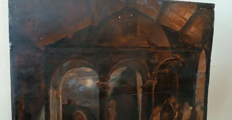 grande peinture à l'huile ancienne sur panneau Couvent des Frères 19ème siècle