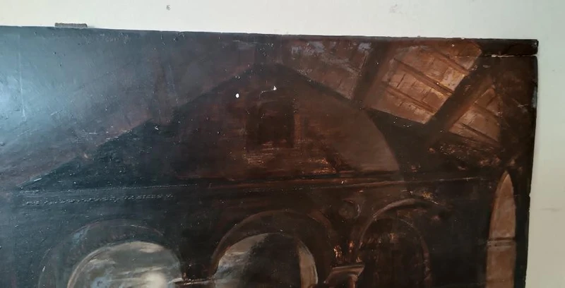 grande peinture à l'huile ancienne sur panneau Couvent des Frères 19ème siècle