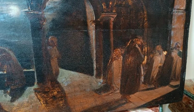 grande peinture à l'huile ancienne sur panneau Couvent des Frères 19ème siècle