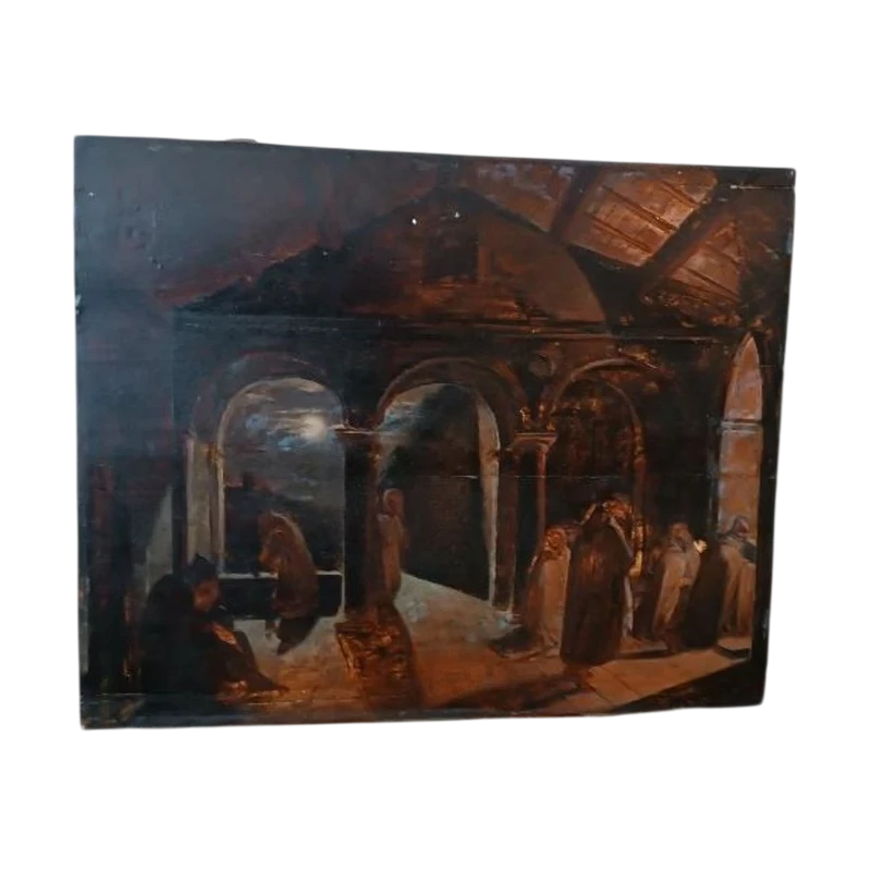 grande peinture à l'huile ancienne sur panneau Couvent des Frères 19ème siècle