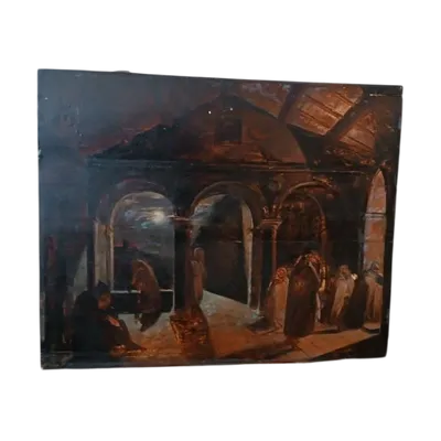 grande peinture à l'huile ancienne sur panneau Couvent des Frères 19ème siècle