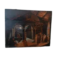 grande peinture à l'huile ancienne sur panneau Couvent des Frères 19ème siècle