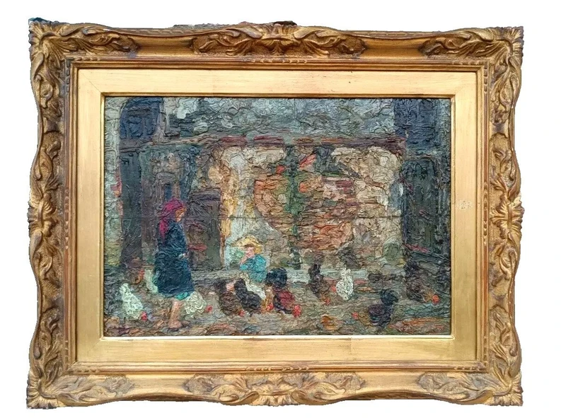 RARE Peinture à l'huile sur panneau Ferruccio Rontini ( 1883-1964 ) 1ère période 1917