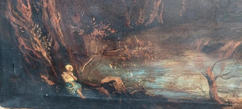 ANCIENT OIL PAINTING CANVAS LANDSCAPE WITH RUDERS AND PERSONAGES 121x98 CM