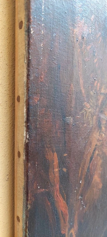 ANCIENT OIL PAINTING CANVAS LANDSCAPE WITH RUDERS AND PERSONAGES 121x98 CM