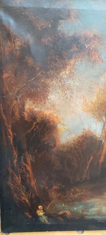 ANCIENT OIL PAINTING CANVAS LANDSCAPE WITH RUDERS AND PERSONAGES 121x98 CM