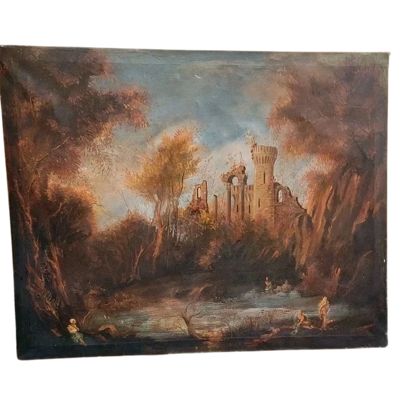 ANCIENT OIL PAINTING CANVAS LANDSCAPE WITH RUDERS AND PERSONAGES 121x98 CM