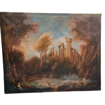 ANTICO DIPINTO OLIO TELA PAESAGGIO CON RUDERI E PERSONAGGI 121x98 CM