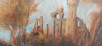 ANCIENT OIL PAINTING CANVAS LANDSCAPE WITH RUDERS AND PERSONAGES 121x98 CM