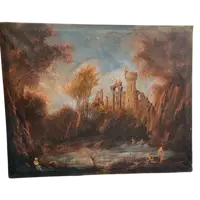 ANCIENT OIL PAINTING CANVAS LANDSCAPE WITH RUDERS AND PERSONAGES 121x98 CM