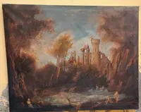 ANCIENT OIL PAINTING CANVAS LANDSCAPE WITH RUDERS AND PERSONAGES 121x98 CM